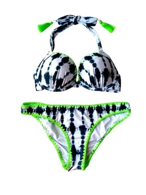 VENUS Black & White Bikini Set with Neon Green Trim, Top Size B, Bottom Size 4